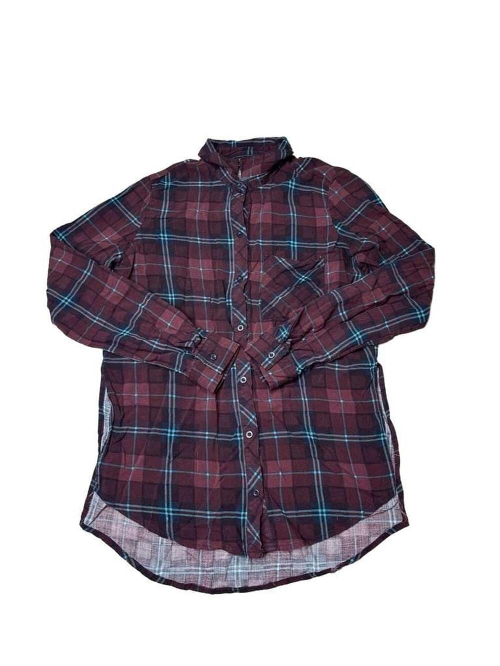 Polly & Esther Plaid Long Sleeve Shirt Size M Burgundy Teal Rayon